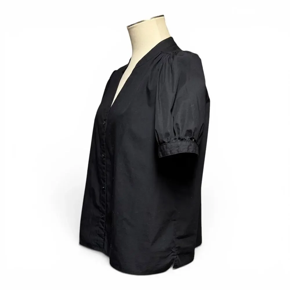 Nine West Cotton Puff Sleeve V-Neck Button Up Blouse Top Black Large - Picture 3 of 6